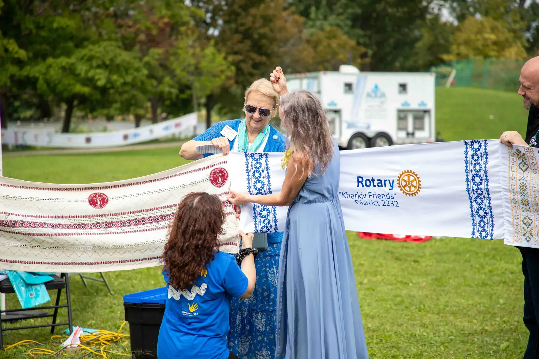 Rotary embroidered rushnyk unfolded in the park