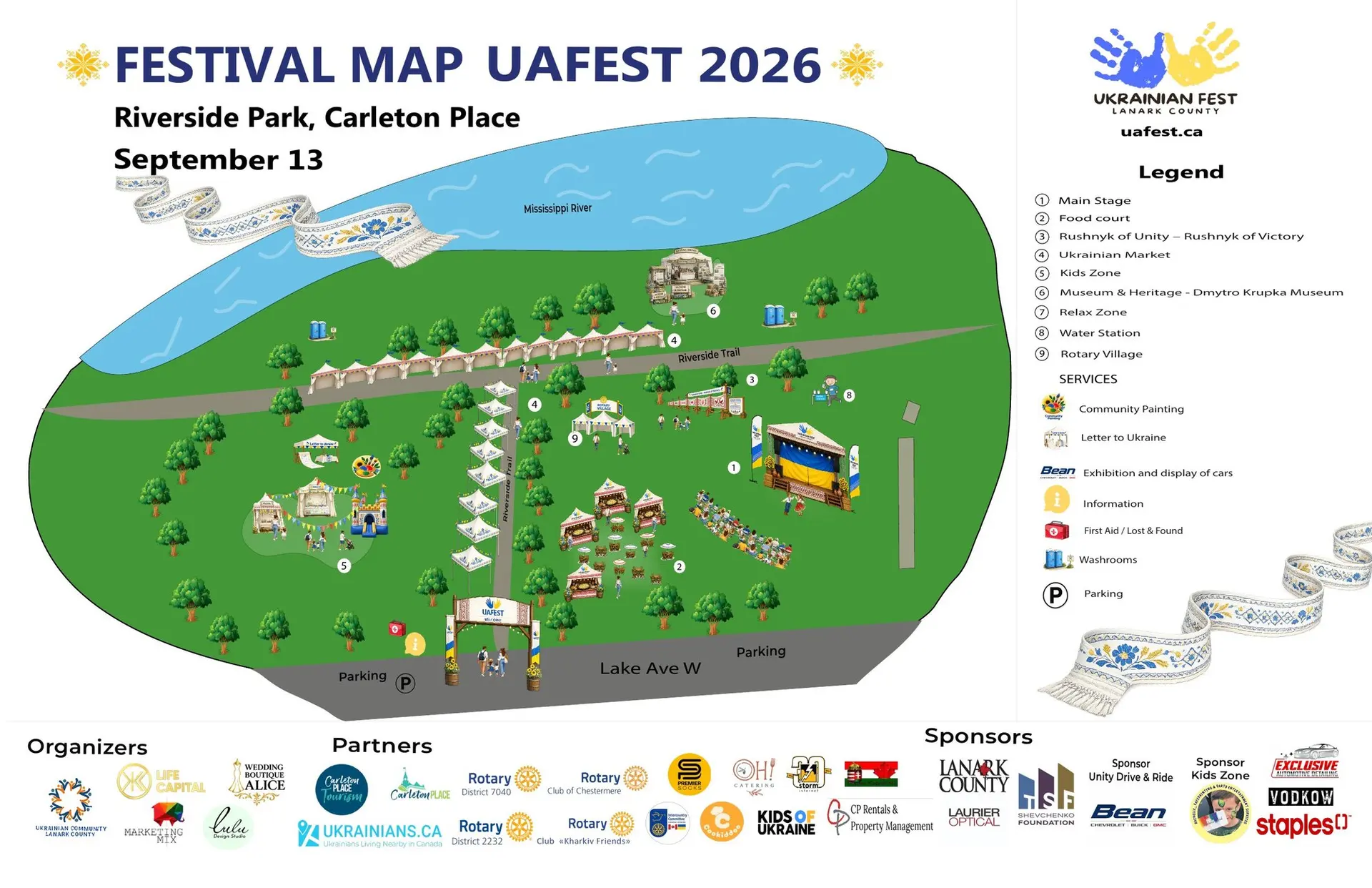 UAFest 2026 site map of Riverside Park: the main stage by Lake Avenue, the food court beside it, the Rushnyk of Unity along the Riverside Trail, the market tents by the river, the kids zone on the west lawn, the museum, relax zone, water station, Rotary village, washrooms and parking