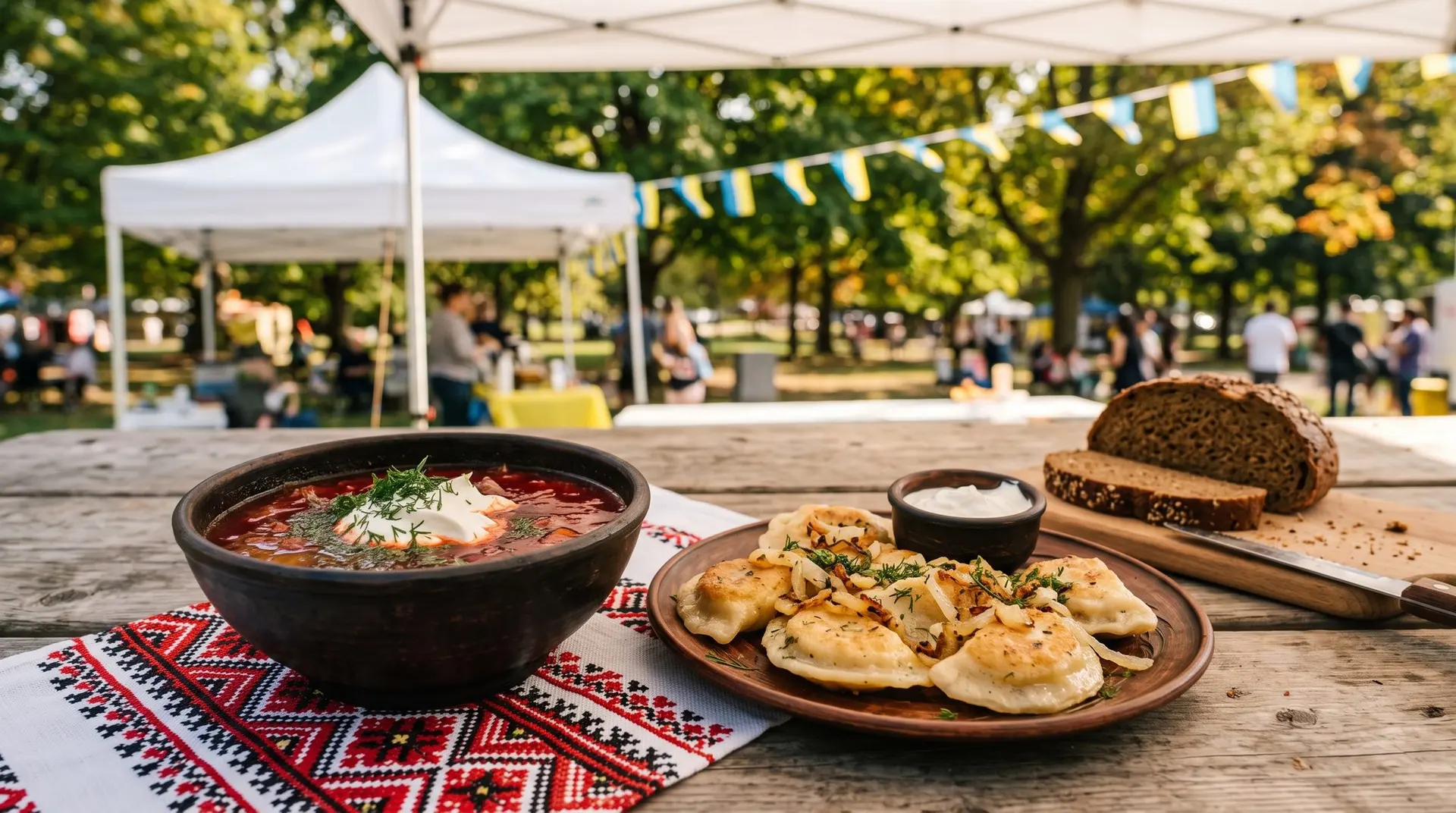 Bowls of Ukrainian borscht and a plate of varenyky served at the UAFest food court