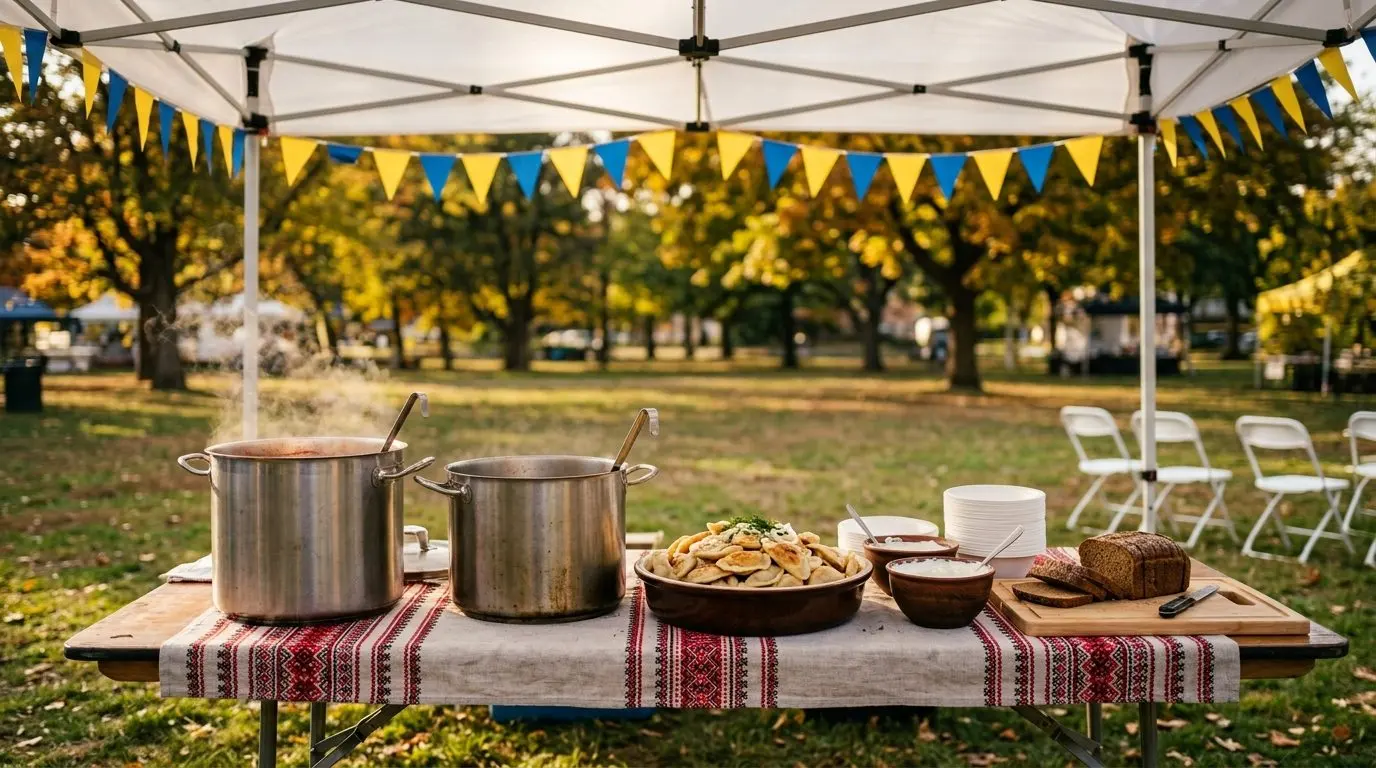 The festival serving table under a white canopy with blue-and-yellow bunting β stock pots, a tray of varenyky and dark rye bread on an embroidered runner