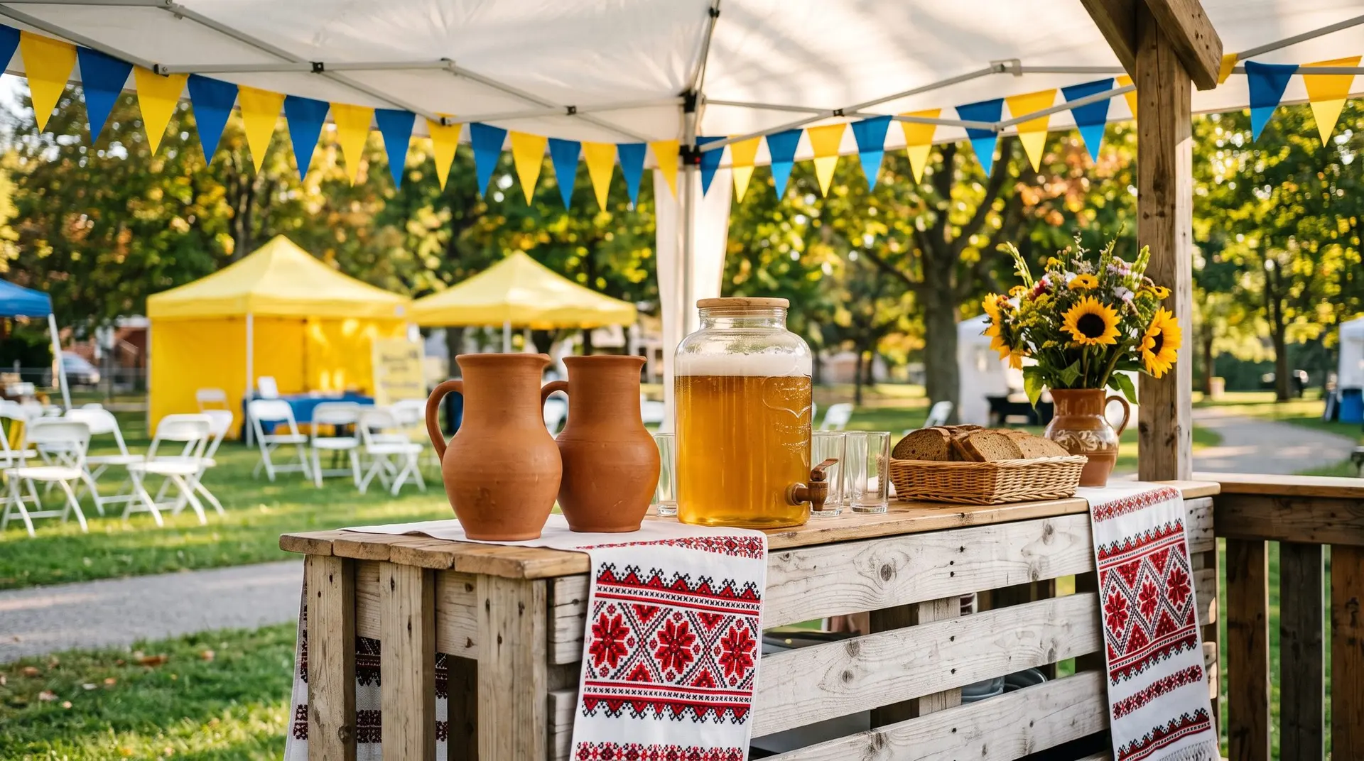 A Ukrainian tavern counter built from wooden pallets under a white canopy hung with blue-and-yellow bunting, draped with embroidered linen towels and set with clay pitchers, a dispenser of kvass and a jug of sunflowers