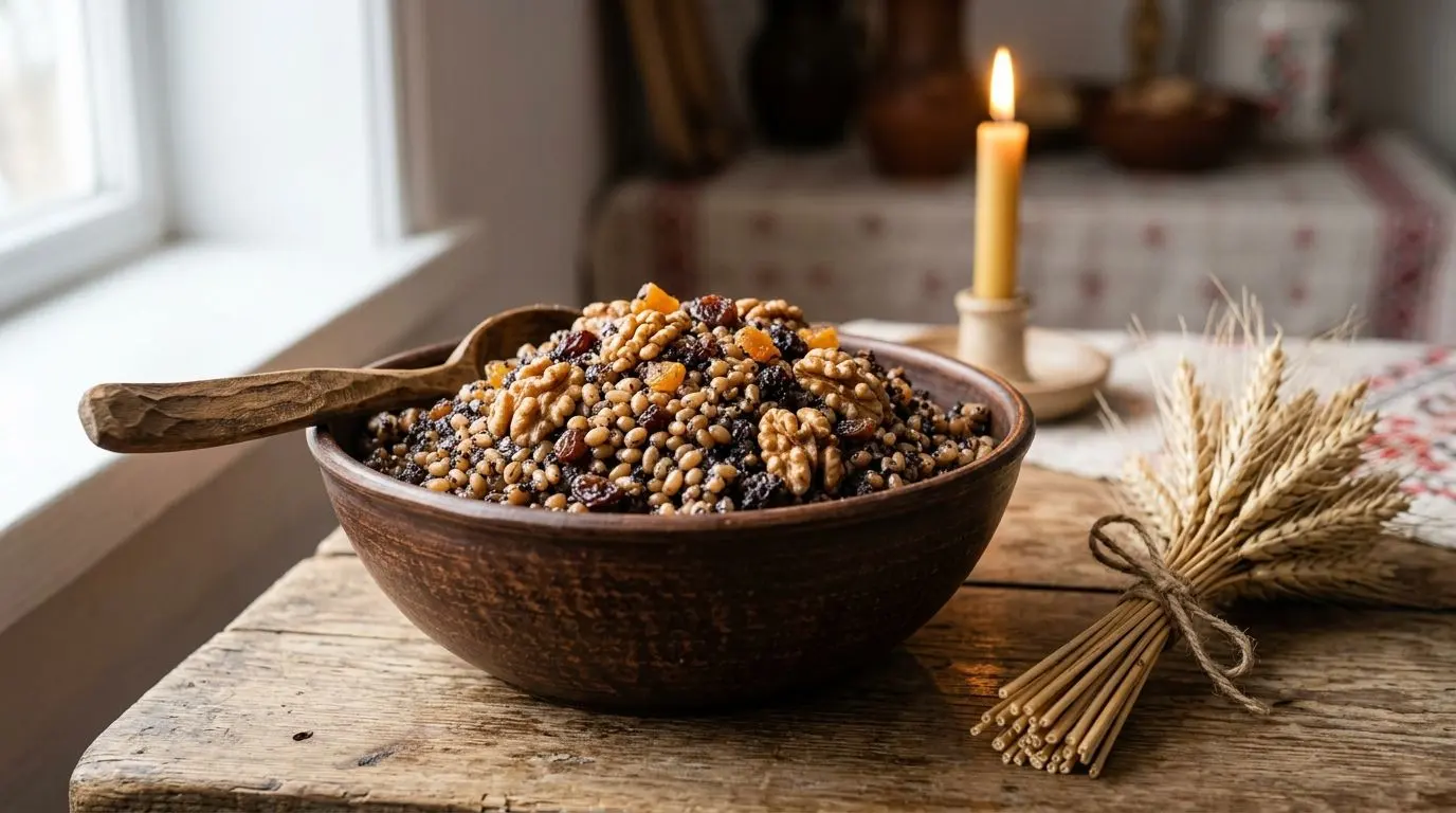 A clay bowl of kutia, whole wheat berries with poppy seed, walnuts and raisins, with a wooden spoon, a sheaf of wheat and a lit candle