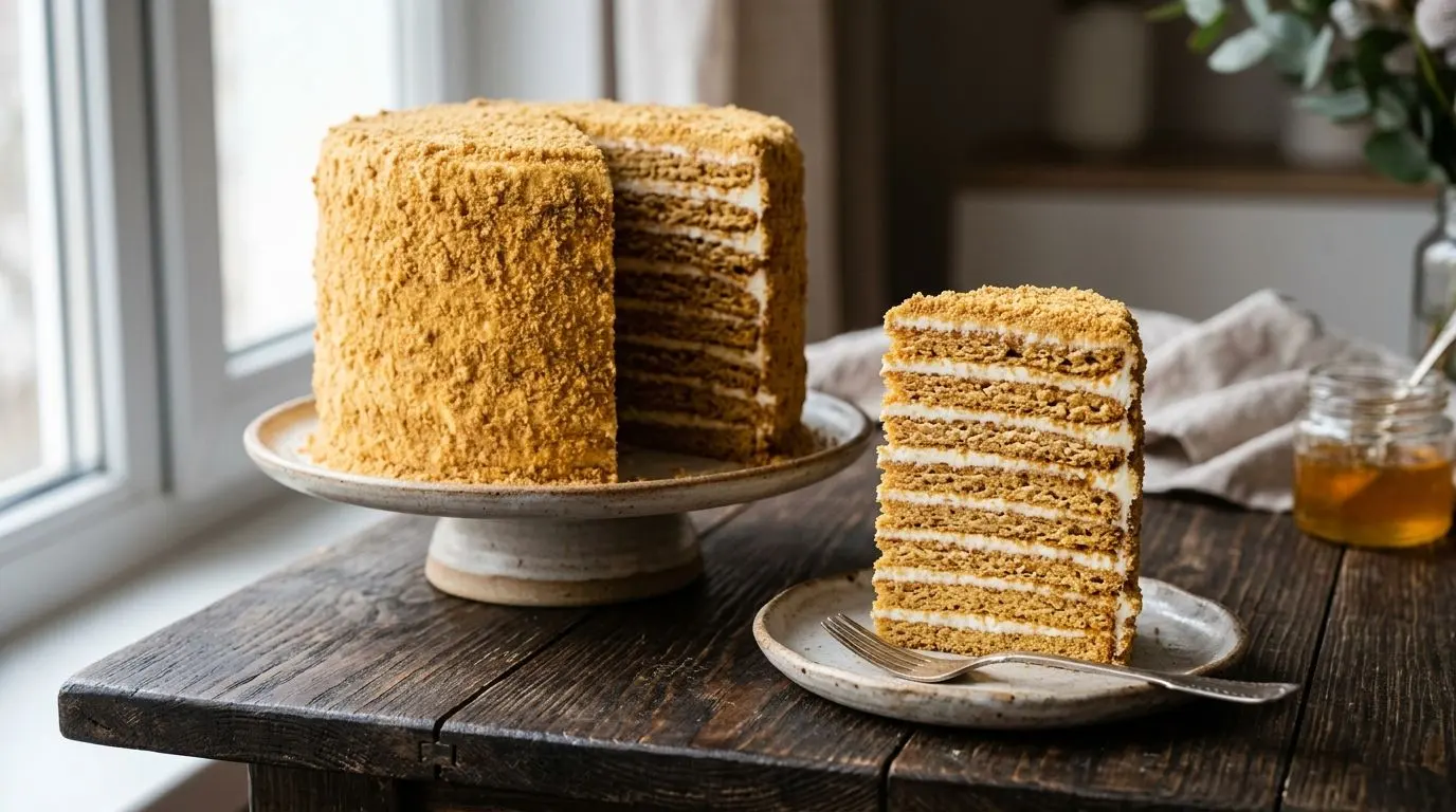 Un haut gâteau au miel medovik sur un présentoir, dont une part a été coupée, montrant une dizaine de fines couches au miel séparées de crème sure blanche