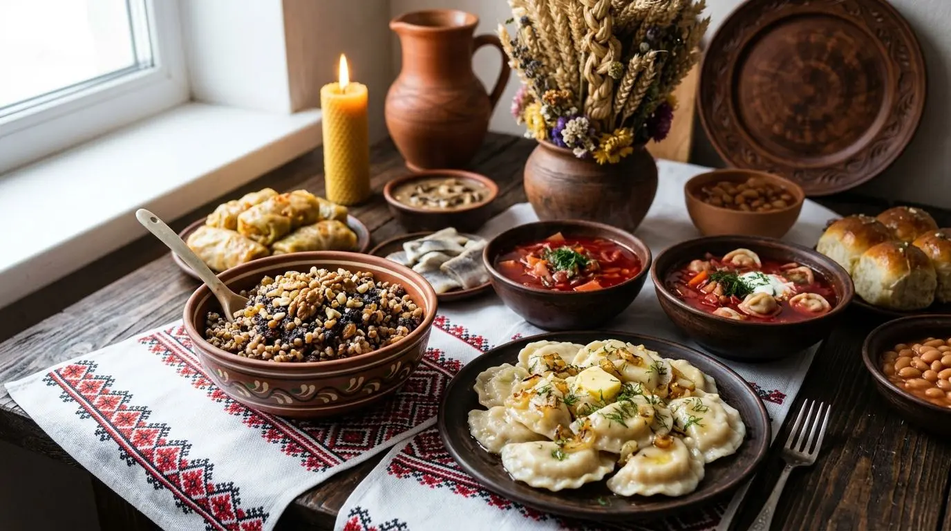 A Ukrainian Christmas Eve table on an embroidered cloth: kutia, varenyky, red borscht with mushroom dumplings, beans, pampushky and a didukh wheat sheaf by a beeswax candle