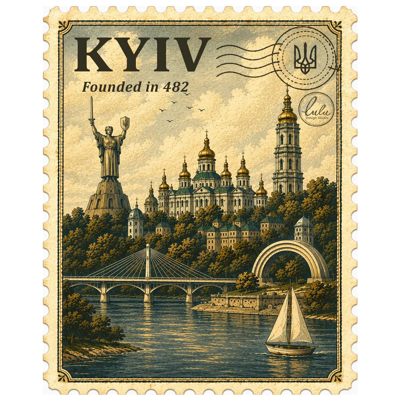 The Kyiv design on its own: a vintage postage stamp reading KYIV, Founded in 482 — the Motherland monument, the golden domes of the Lavra, the bridge over the Dnipro and a sailboat, with a tryzub postmark