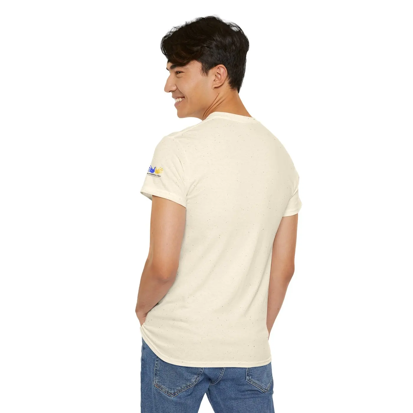 The same shirt from behind, the festival mark on the left sleeve