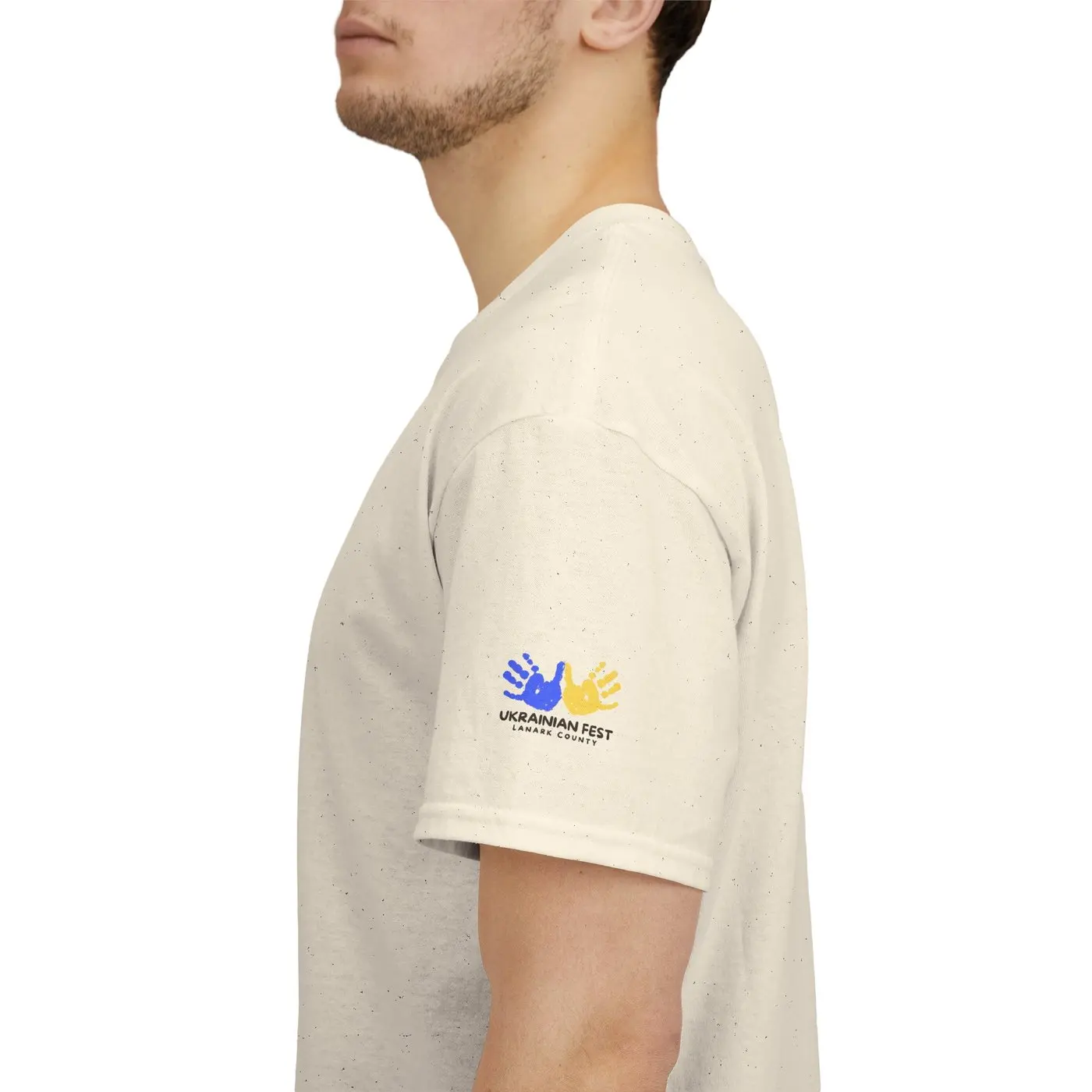 Close-up of the left sleeve: the festival's blue and yellow hands mark