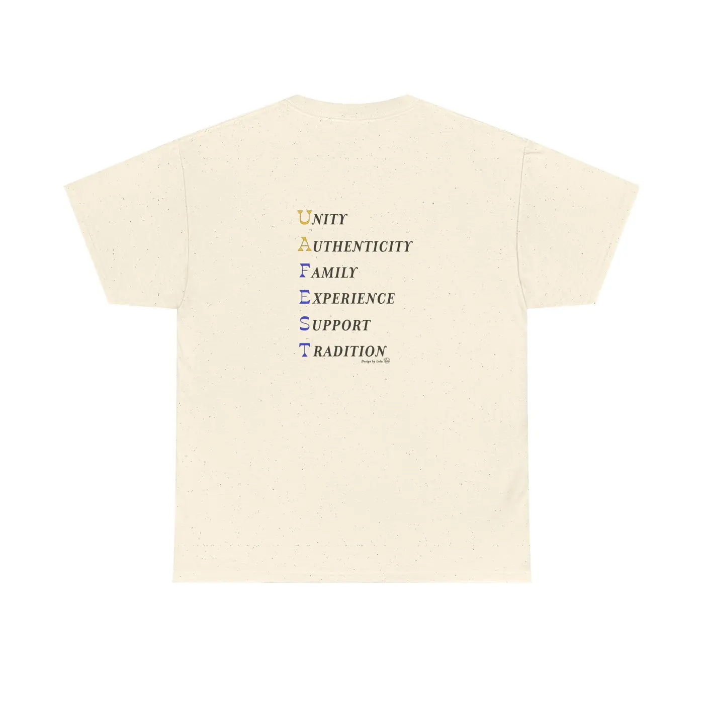 The same T-shirt from the back, the six values printed one under another between the shoulder blades