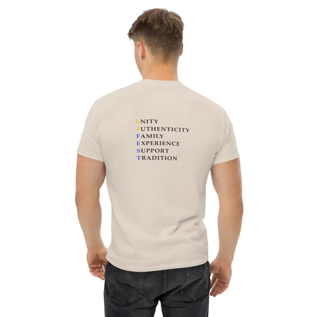 Dos du t-shirt en coton naturel, les six valeurs imprimées entre les omoplates