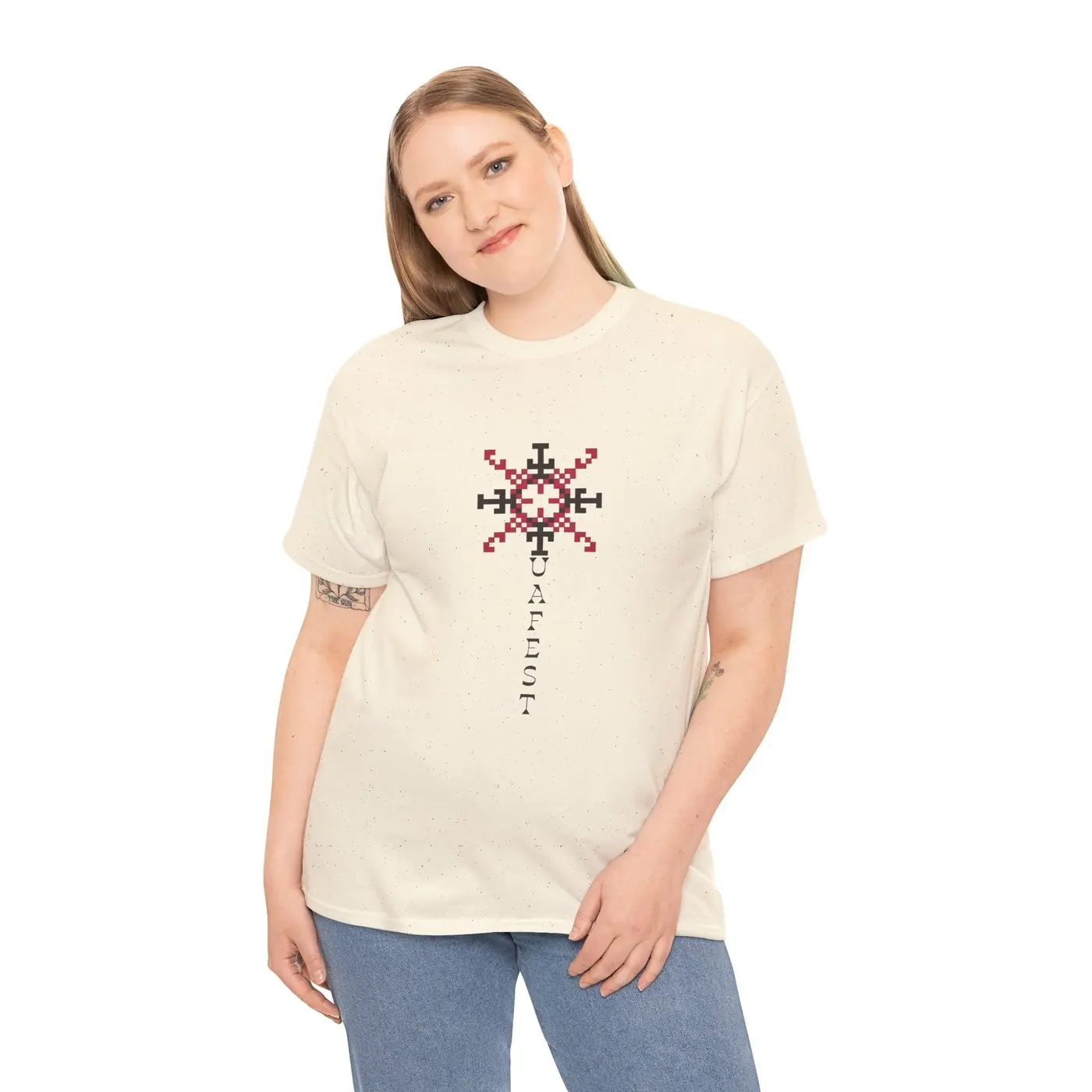 A woman wearing the T-shirt, the encoded name across the chest