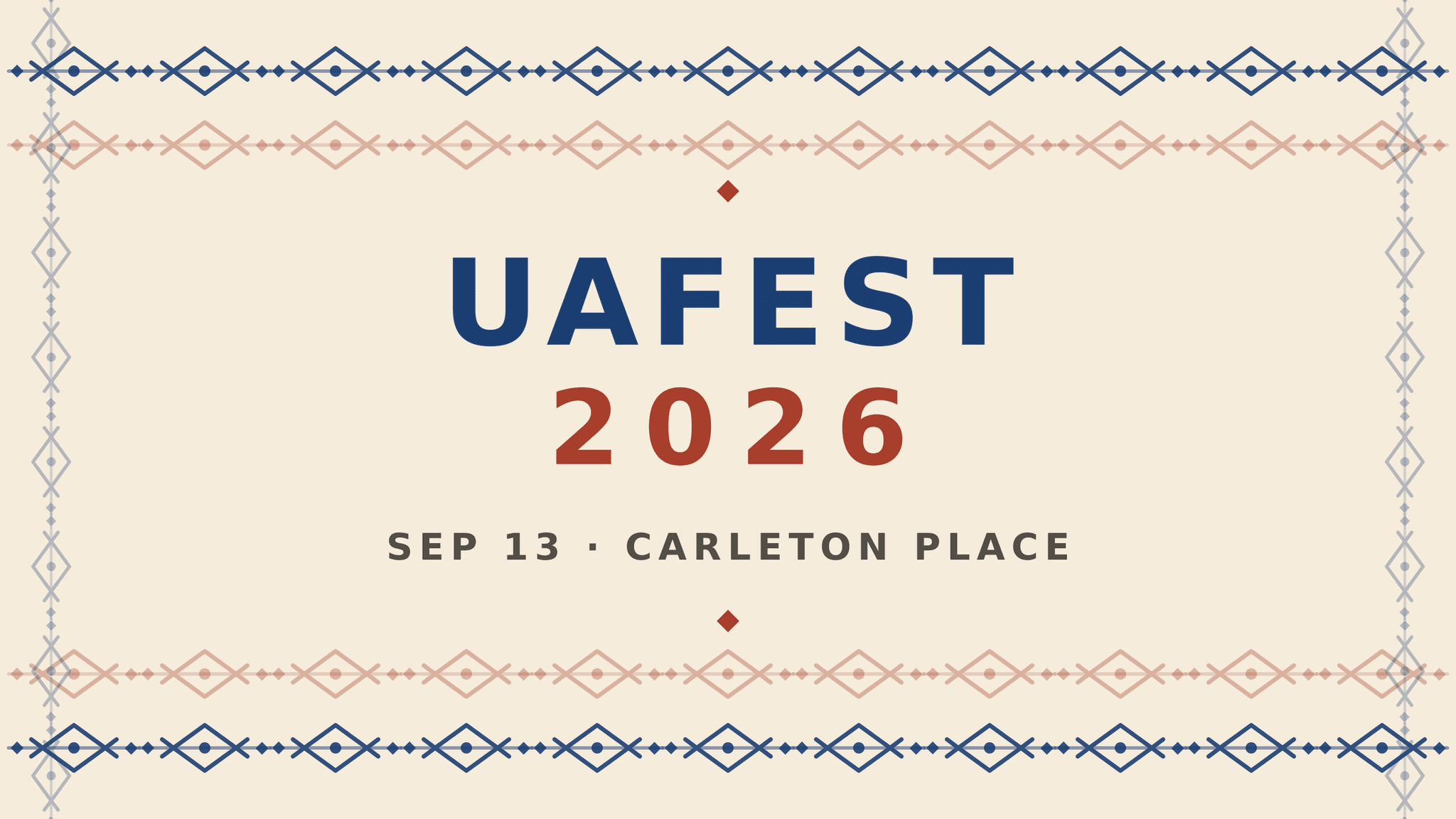 Wallpaper “Linen Frame (desktop & laptop)” — a rushnyk frame in blue and red running around all four edges of a linen-cream desktop background, with the UAFEST 2026, Sep 13, Carleton Place wordmark