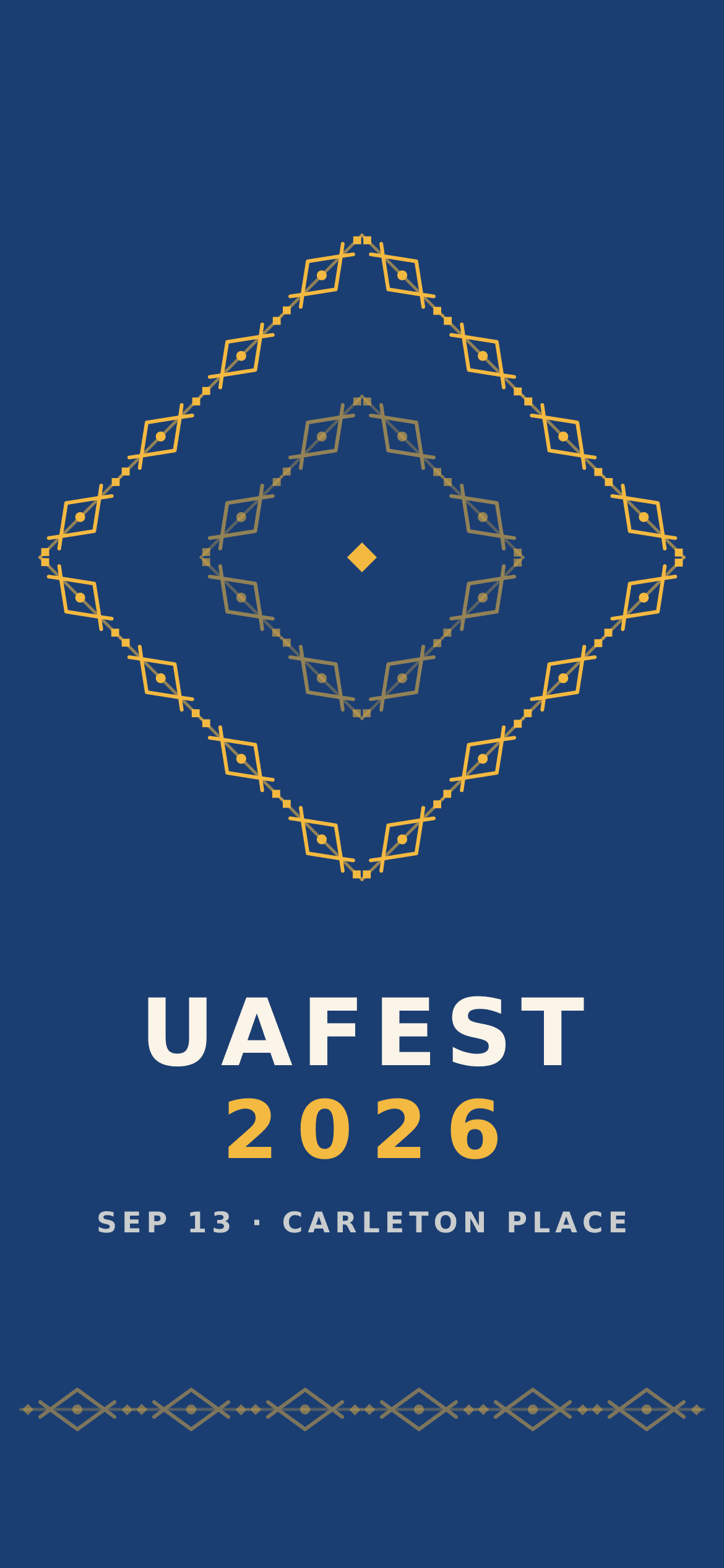 Wallpaper “Gold Lozenge” — a large gold diamond medallion made of four rushnyk bands rotated on the diagonal, on festival blue, with the UAFEST 2026, Sep 13, Carleton Place wordmark