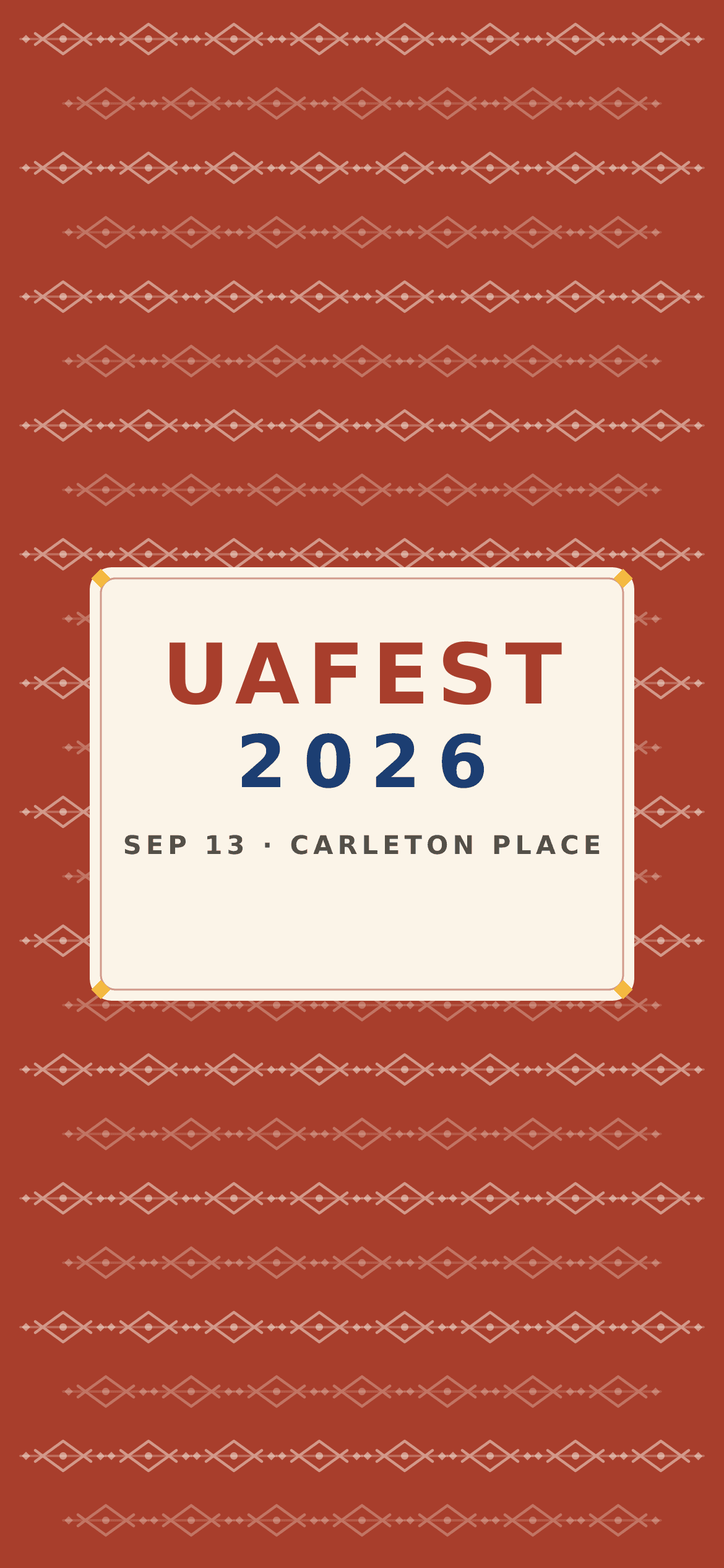 Wallpaper “Kalyna Red” — an all-over cream rushnyk lattice on deep red, opening into a cream panel in the centre, with the UAFEST 2026, Sep 13, Carleton Place wordmark