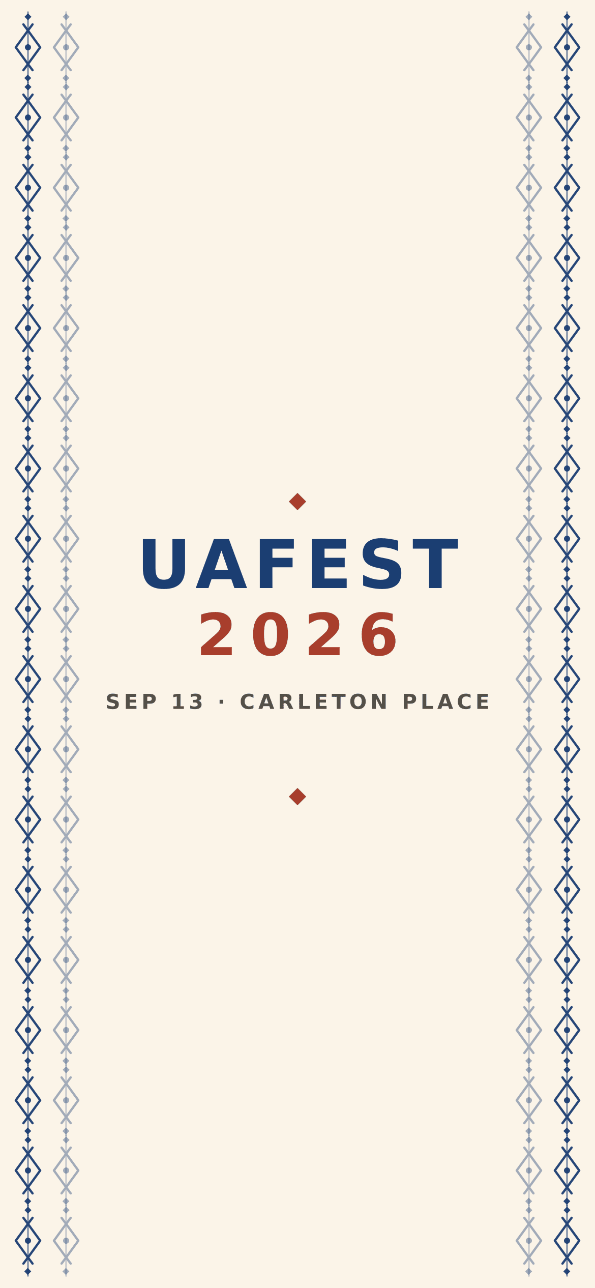 Wallpaper “Linen Cream” — two blue rushnyk columns down each side edge of a cream field, with the UAFEST 2026, Sep 13, Carleton Place wordmark