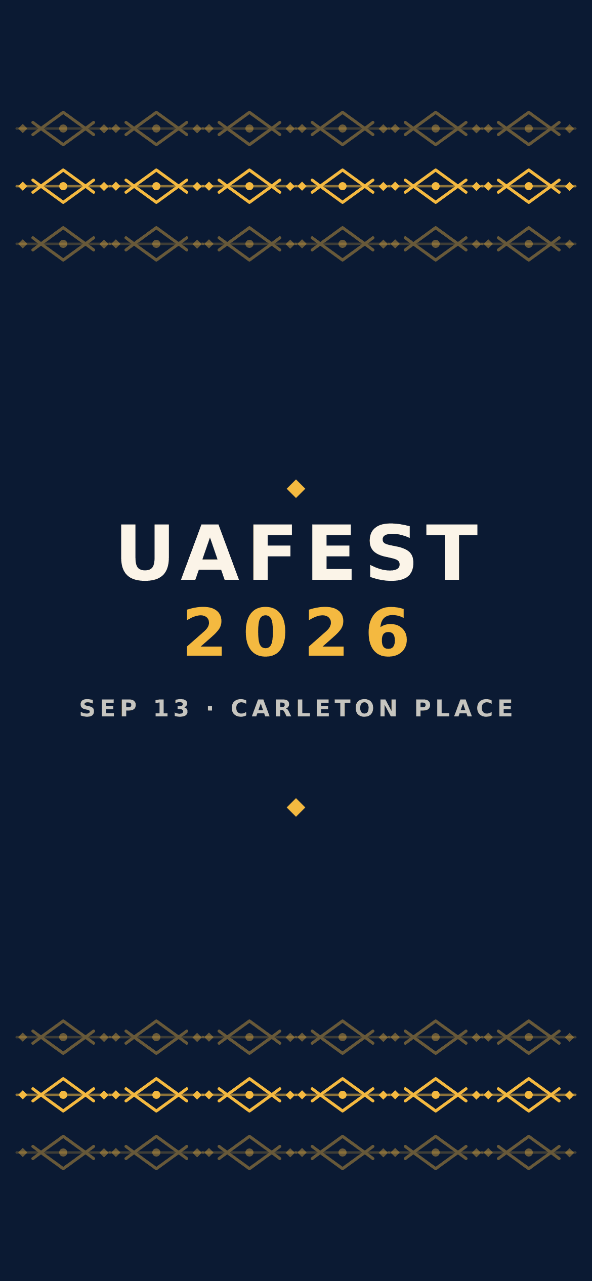 Wallpaper “Night Navy” — three gold rushnyk bands across the top and three across the bottom of a deep navy field, with the UAFEST 2026, Sep 13, Carleton Place wordmark