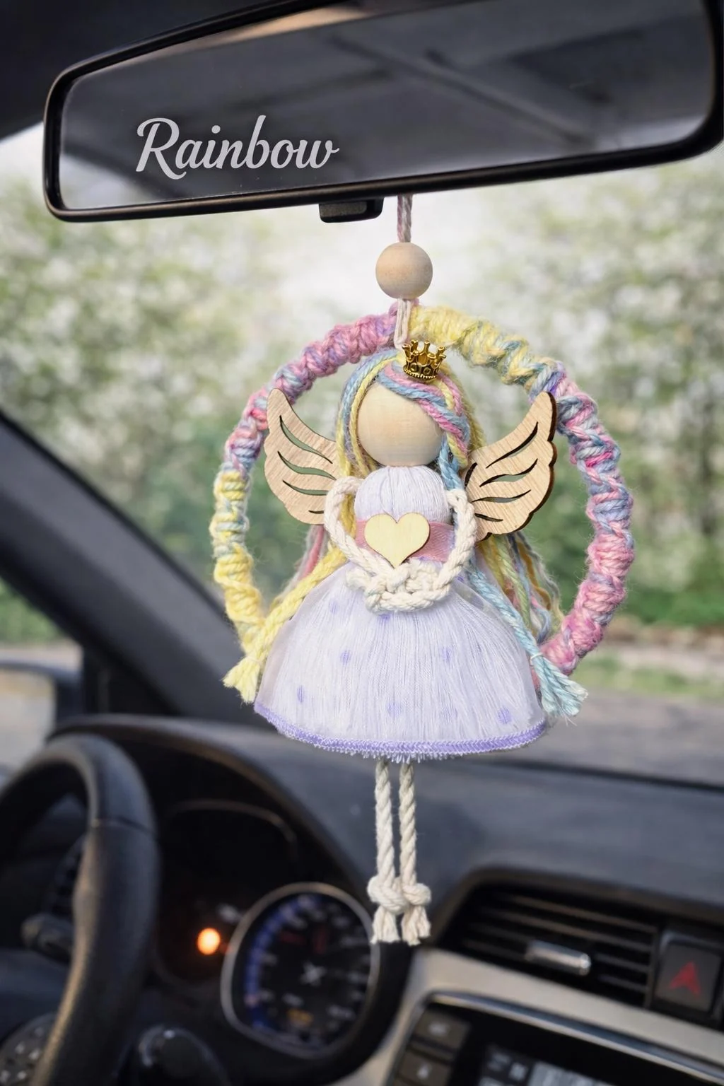 Angel Car Charm — a macramé rearview mirror hanger, listed at CA$30.00