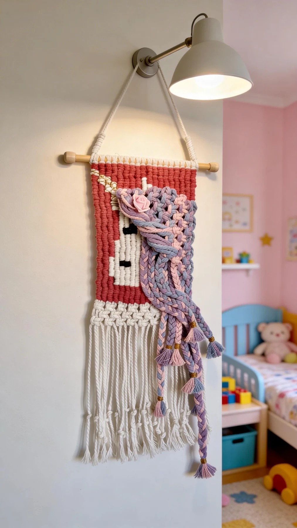 Handmade macramé unicorn wall hanging for a child’s room, listed at CA$20.00