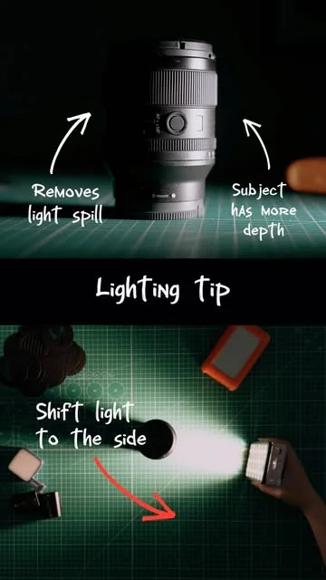Lighting-tip card: a camera lens on a dark cutting mat with hand-lettered notes reading "Removes light spill" and "Subject has more depth", above a top-down frame captioned "Shift light to the side" with a red arrow