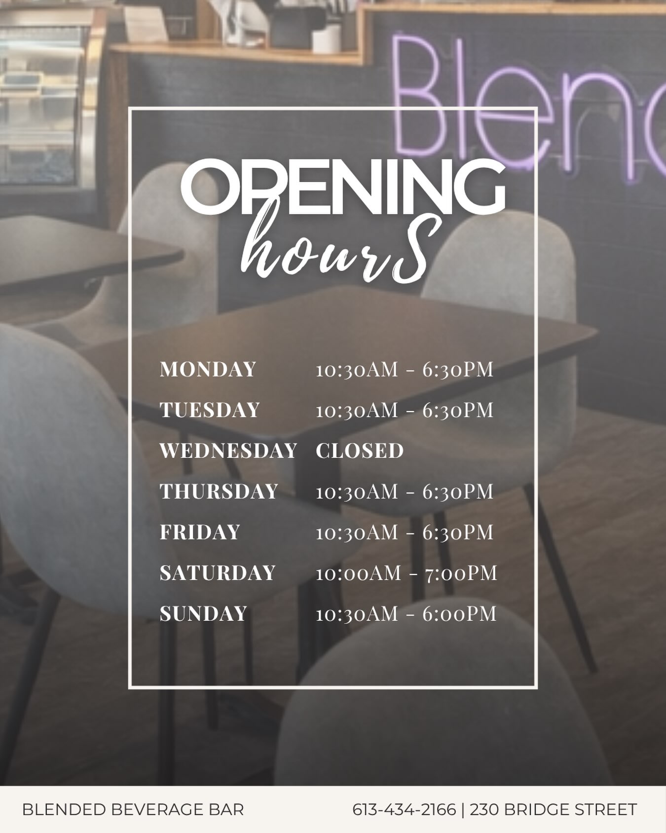 The café's opening-hours card posted in August 2026, shot against the shop window