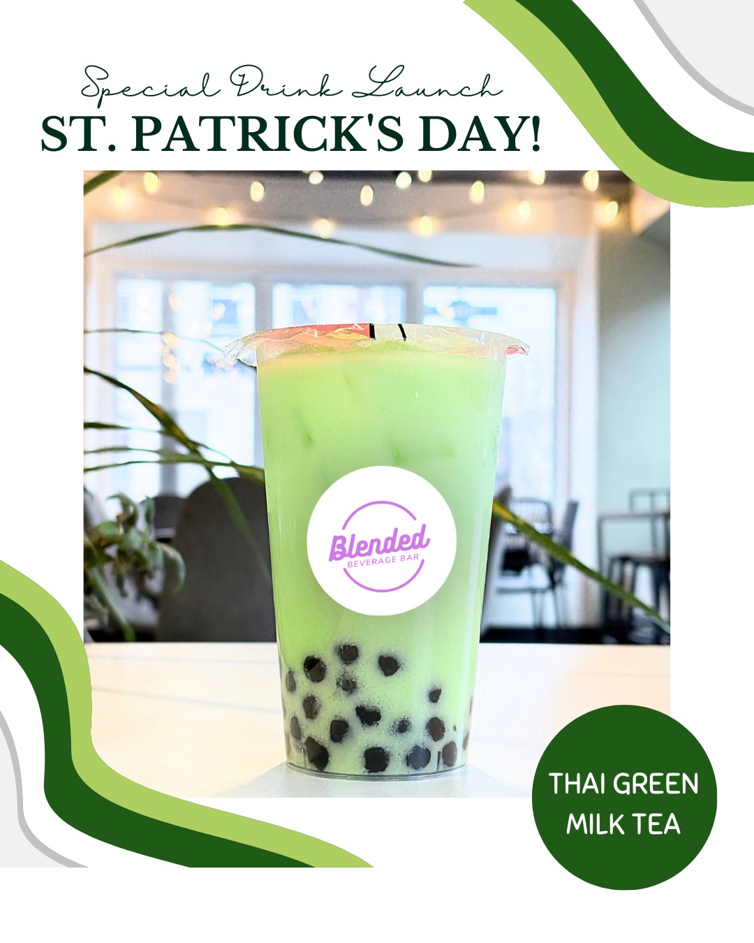 St Patrick's Day drink launch: the Thai Green Milk Tea in a Blended cup, photographed inside the café