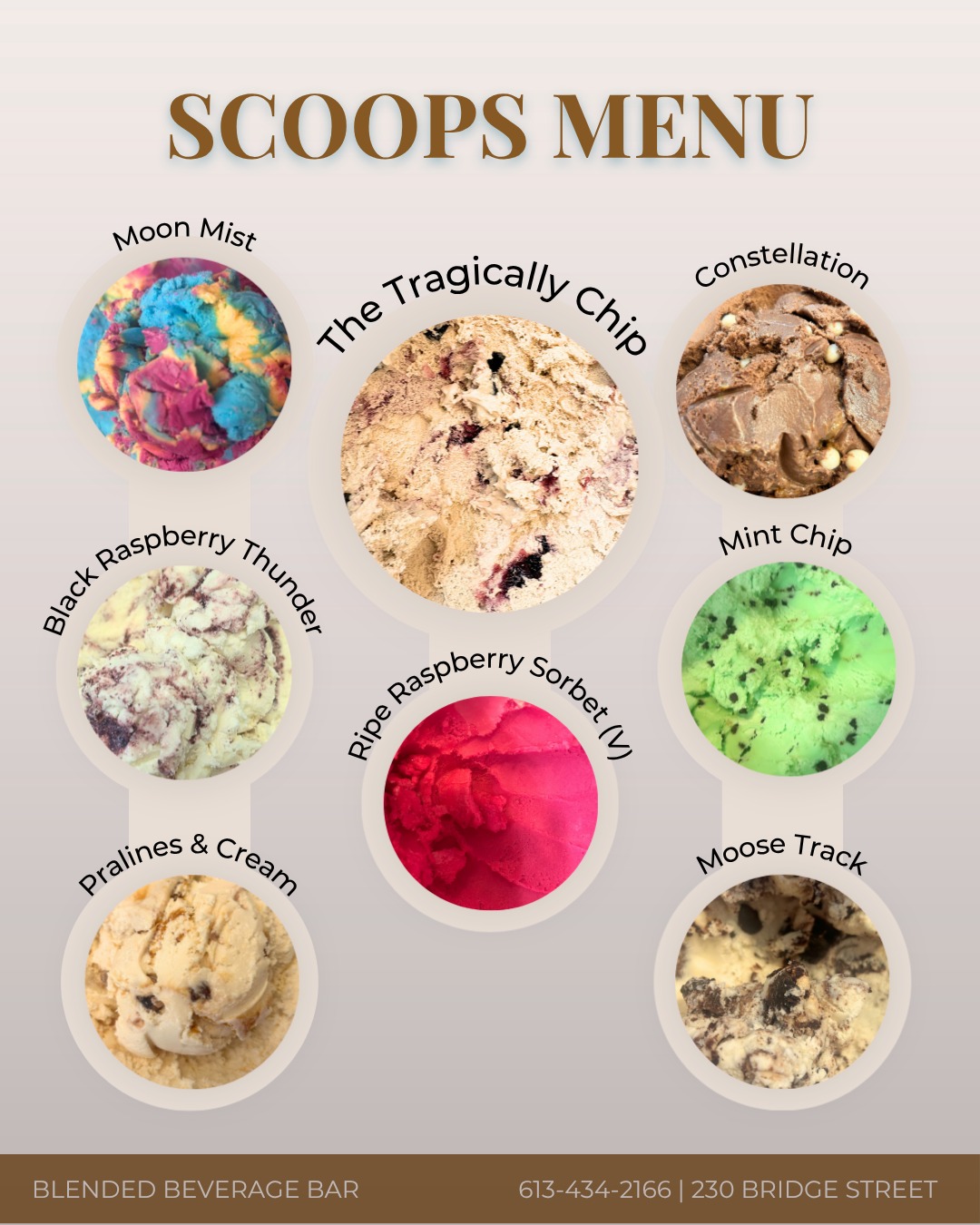 Scoops Menu poster with the week's ice cream flavours, including The Tragically Chip