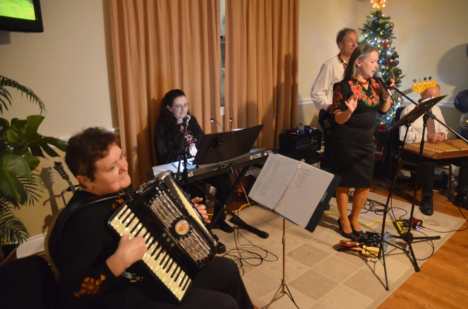 Dobryj Vechir Band playing a hall, accordion in front