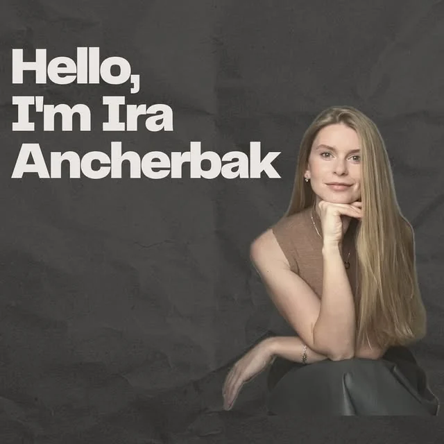 Her own introduction card on a dark paper background: “Hello, I'm Ira Ancherbak”, with her portrait at the right