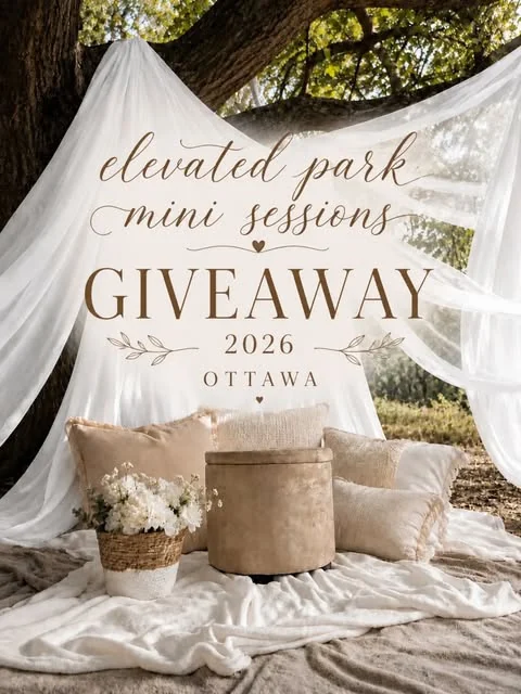 Her poster for the 2026 Elevated Park Mini Sessions giveaway: white drapes hung from a tree over cushions, a blanket and a basket of flowers, signed Ottawa