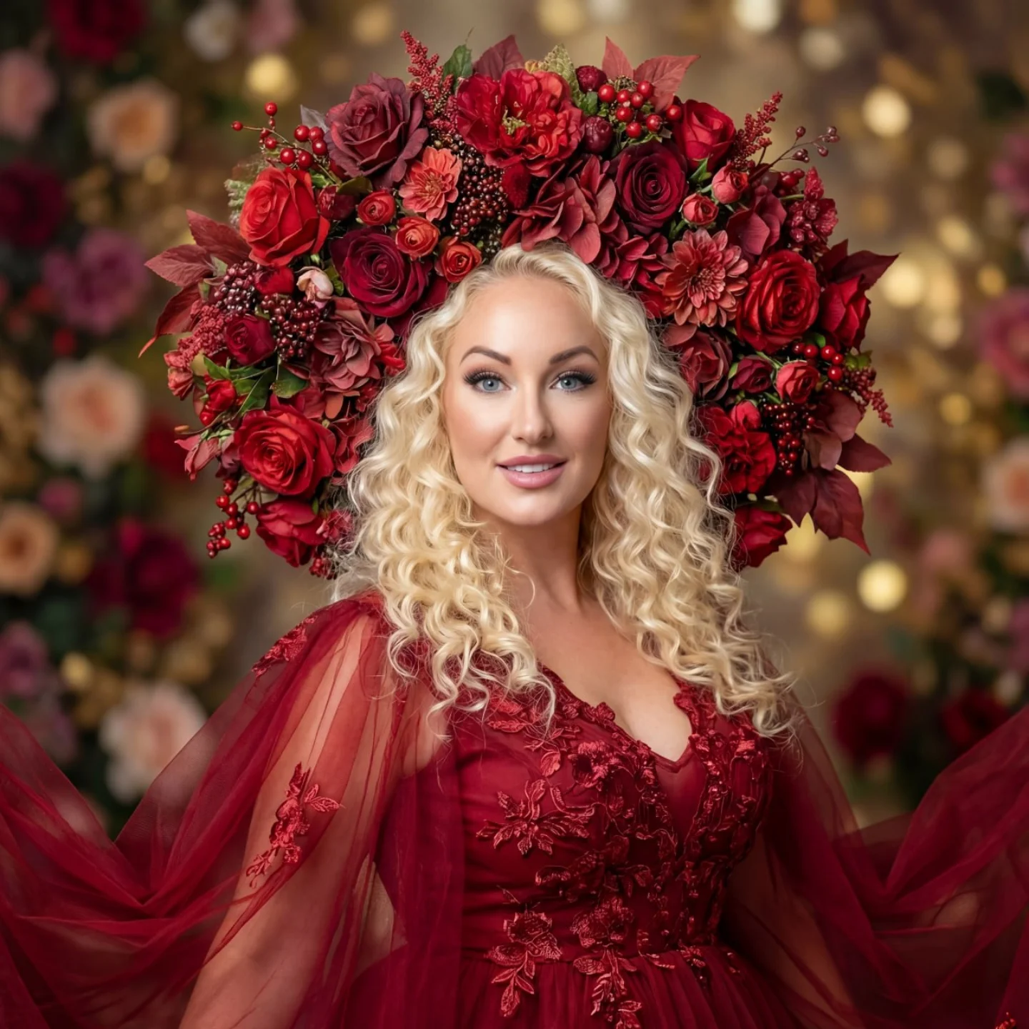A singer of Kozak Sisters in a red floral crown