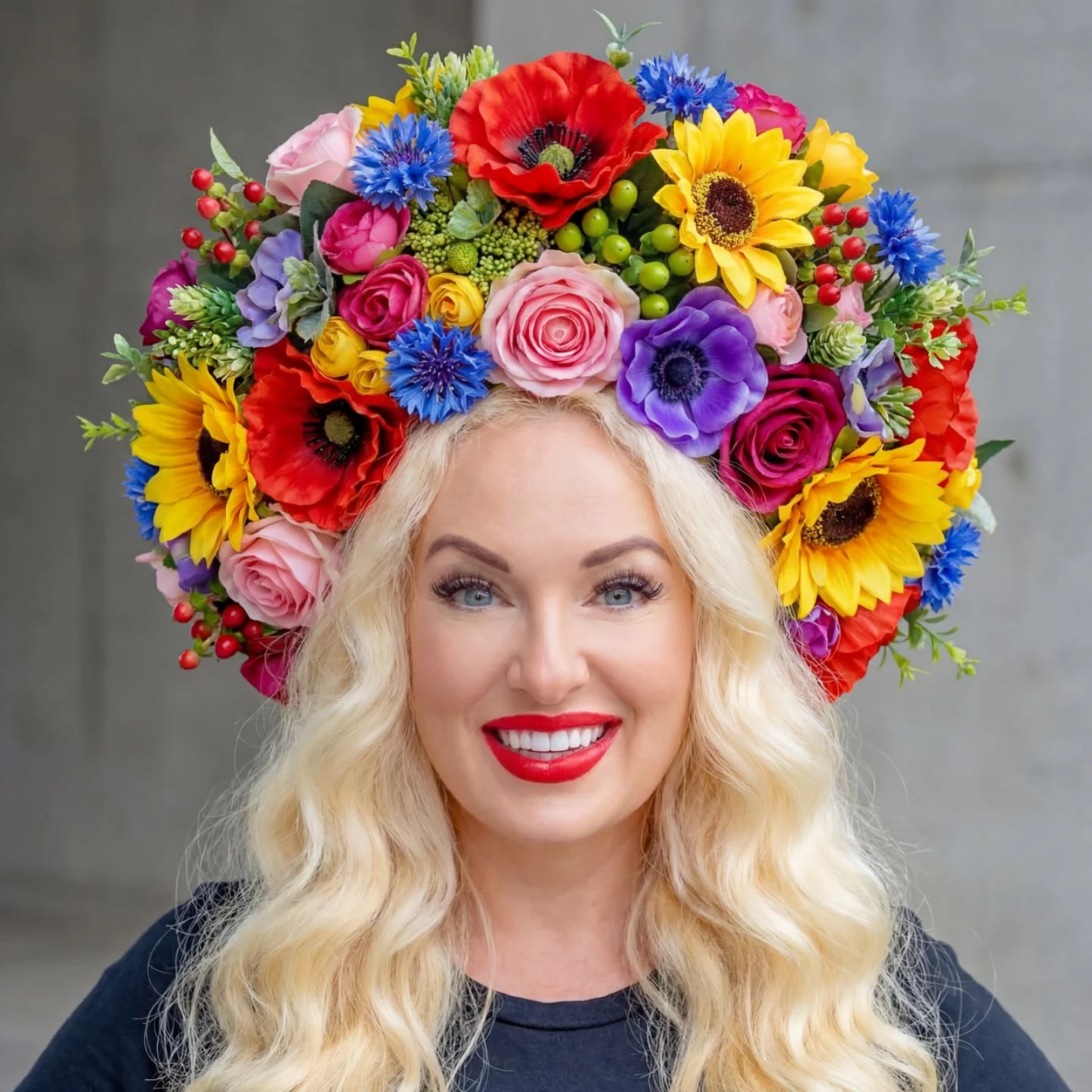 A singer of Kozak Sisters in a many-coloured floral crown