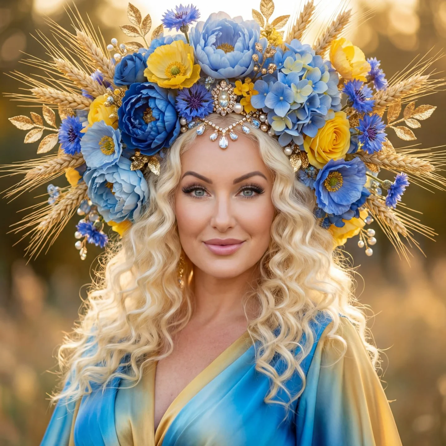 A singer of Kozak Sisters in a blue and yellow floral crown