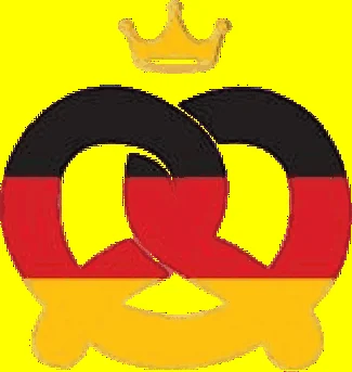 The Little German Bakery pretzel mark — a crowned pretzel in black, red and gold.