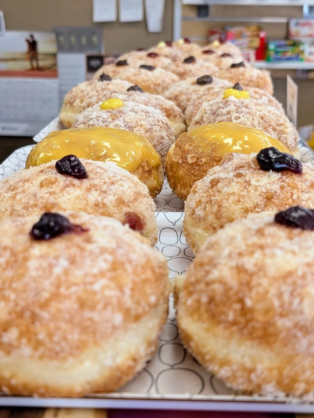 A tray of sugared Berliners, some topped with a dot of jam and some glazed with custard.