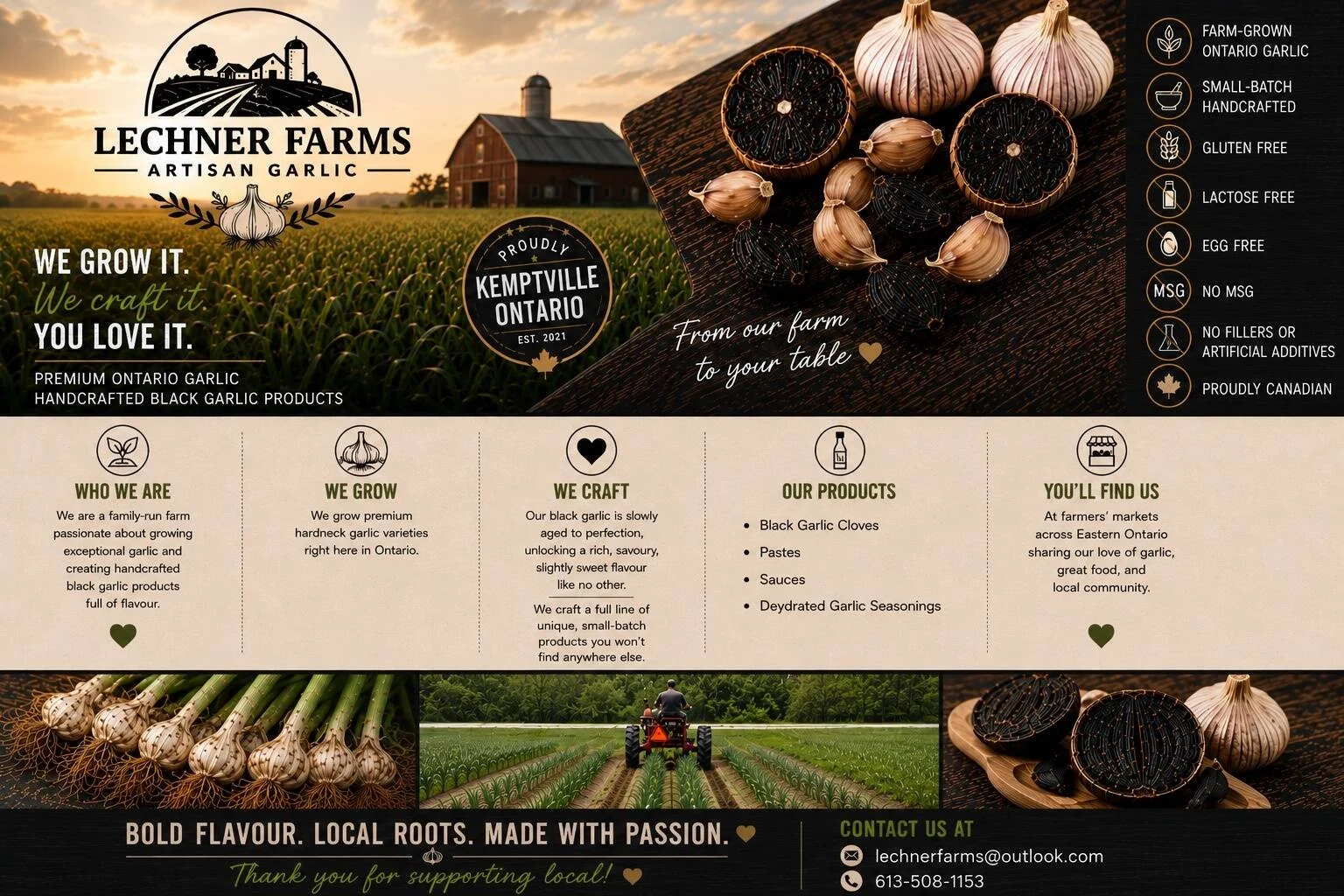 Lechner Farms brand sheet: "We grow it. We craft it. You love it." — who we are, we grow, we craft, our products, you'll find us