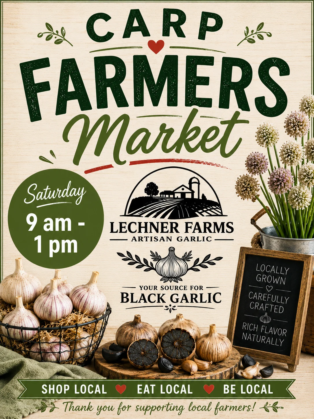 Carp Farmers Market poster: Saturday 9 am – 1 pm, "Your source for Black Garlic"
