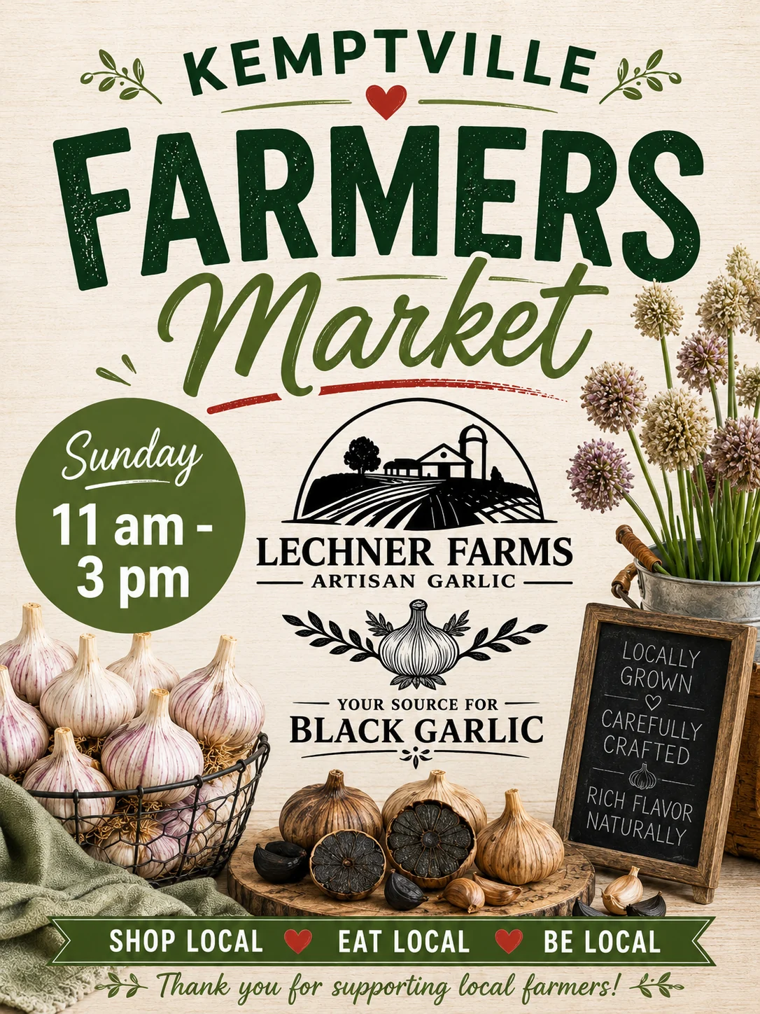Kemptville Farmers Market poster: Sunday 11 am – 3 pm, "Shop local • Eat local • Be local"