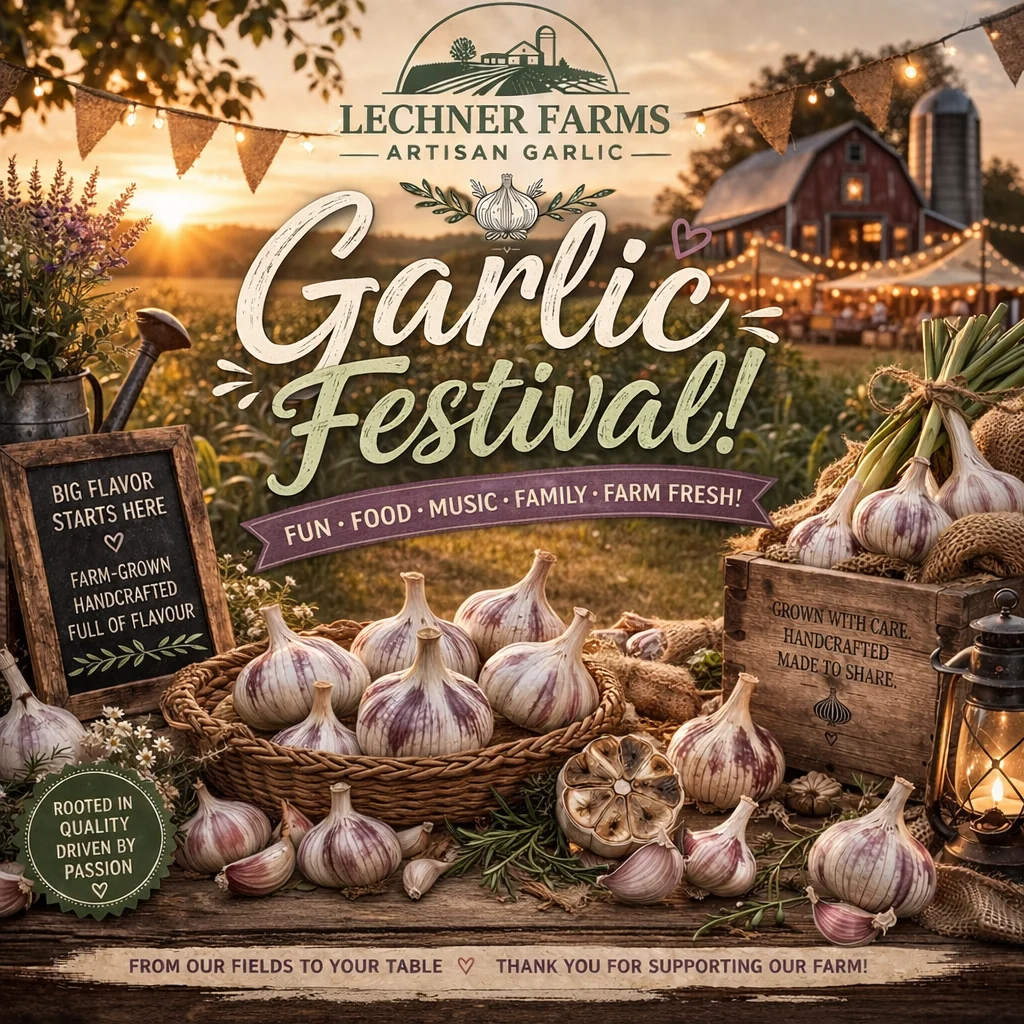 The farm's garlic festival banner: "Garlic Festival! Fun • Food • Music • Family • Farm Fresh — from our fields to your table"