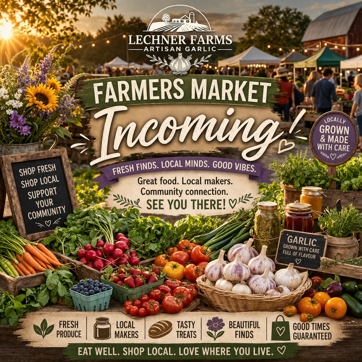 "Farmers Market Incoming!" — the farm's market-weekend graphic: shop fresh, shop local, support your community