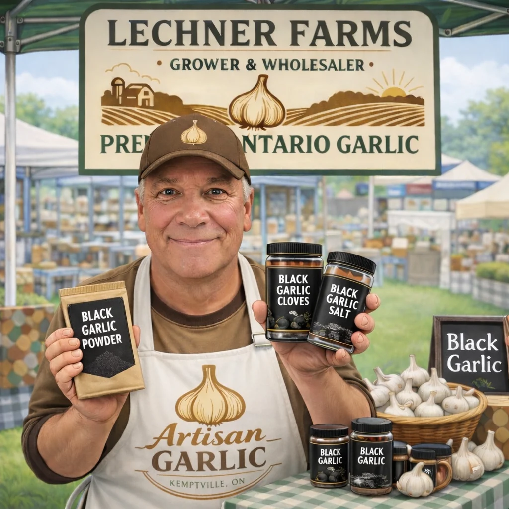 Illustrated portrait published by the farm on its Meet the Farmer page, captioned Peter Lechner: the grower at a market booth under a Lechner Farms sign. This is an illustration, not a photograph.