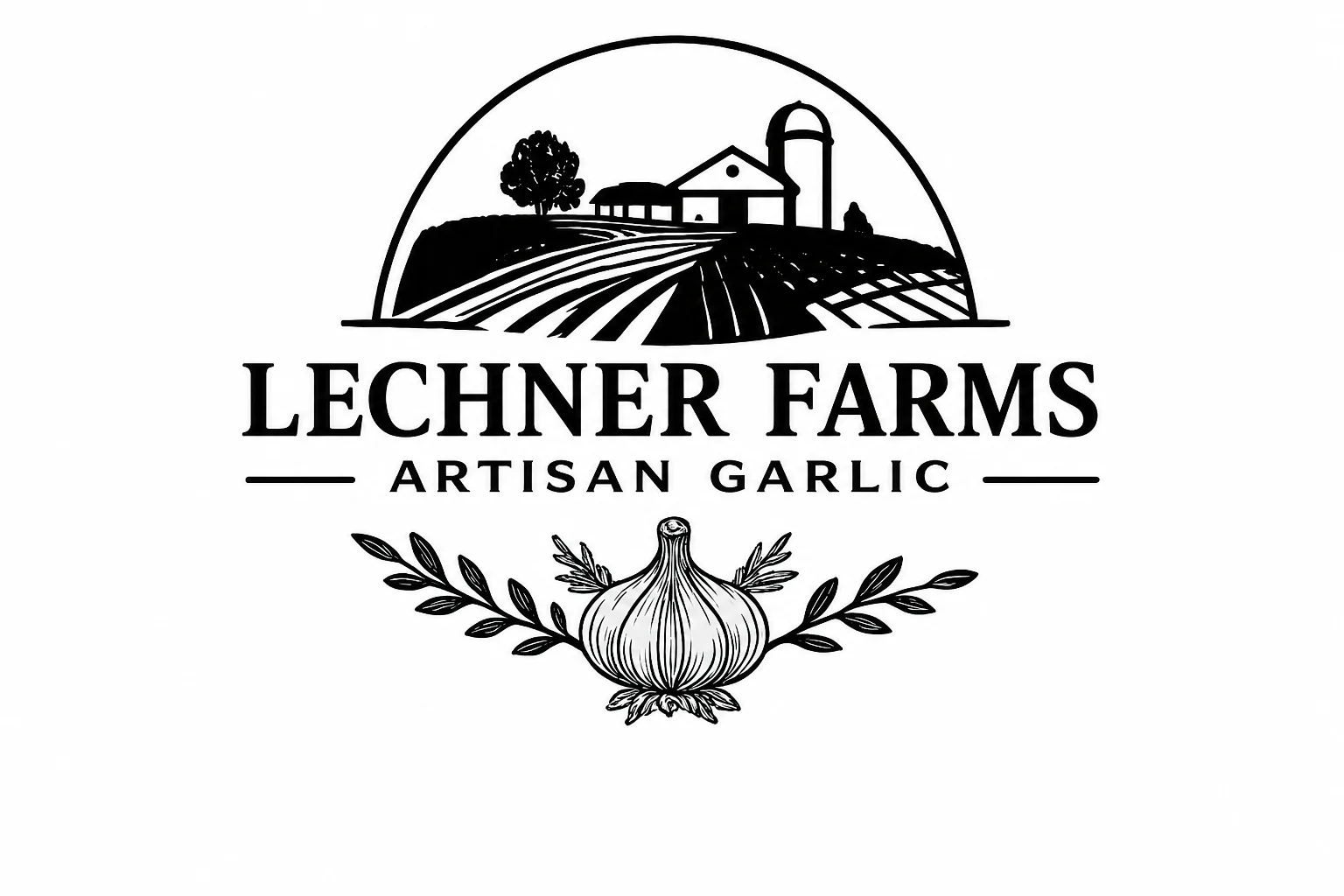 Lechner Farms – Artisan Garlic logo: a farm and field inside an arch above a garlic bulb and laurel