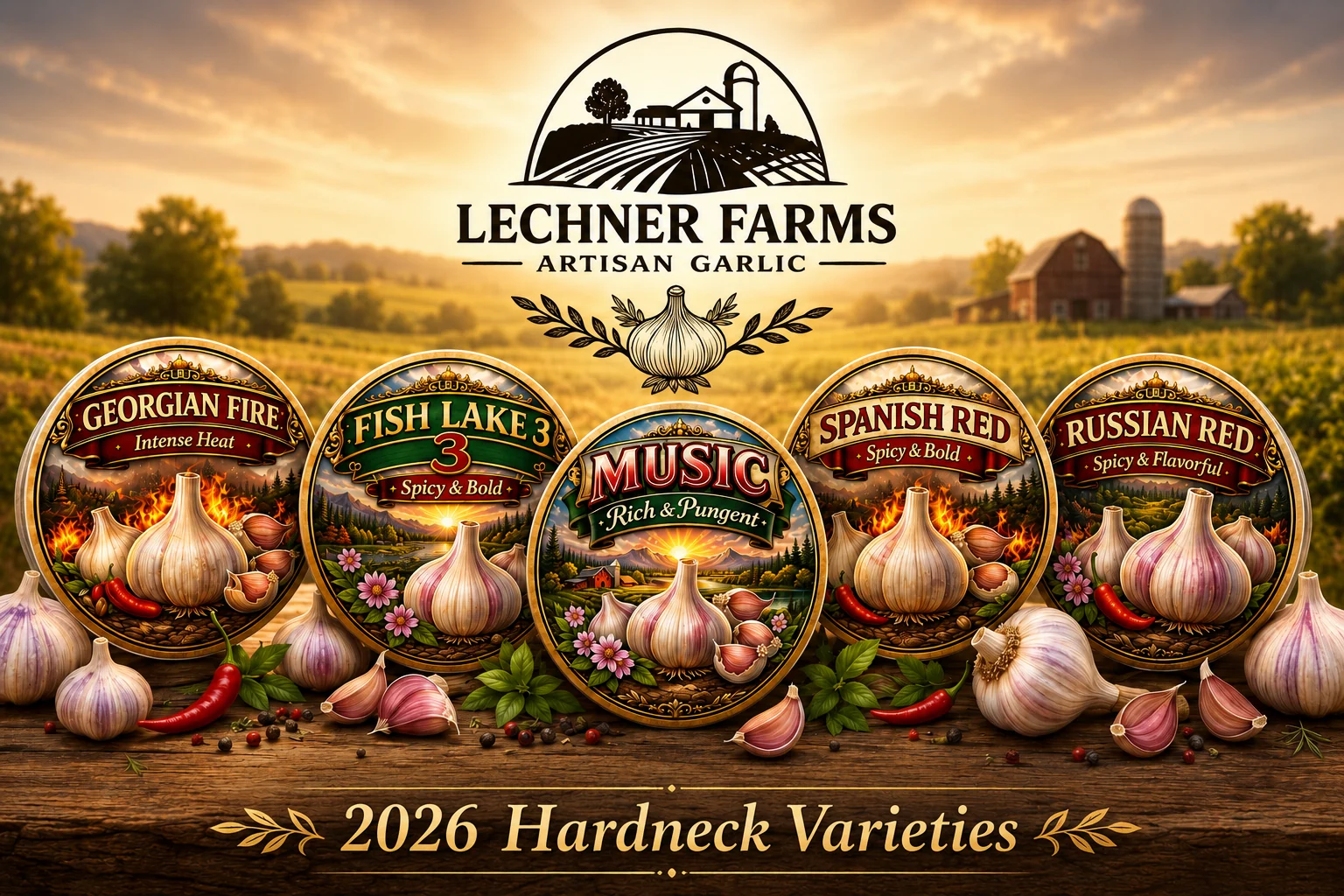 The farm's 2026 hardneck varieties sheet: Georgian Fire, Fish Lake 3, Music, Spanish Red and Russian Red