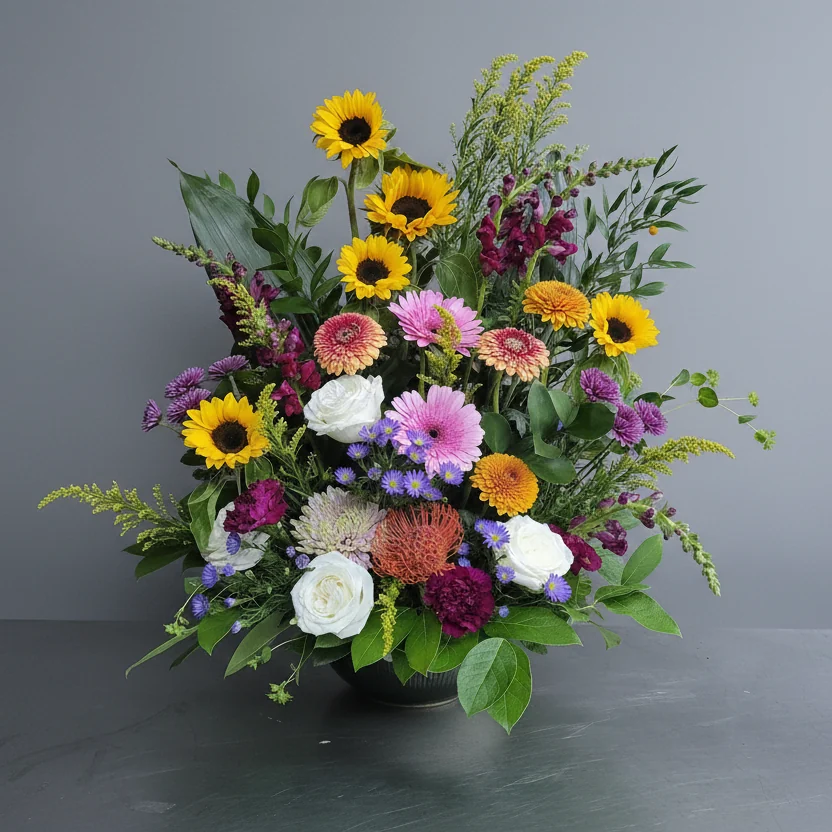 A large sympathy arrangement: sunflowers, pink and orange gerberas, white roses, blue asters and goldenrod banked in a dark footed container. Labelled Sympathy Arrangement on the shop's own page.