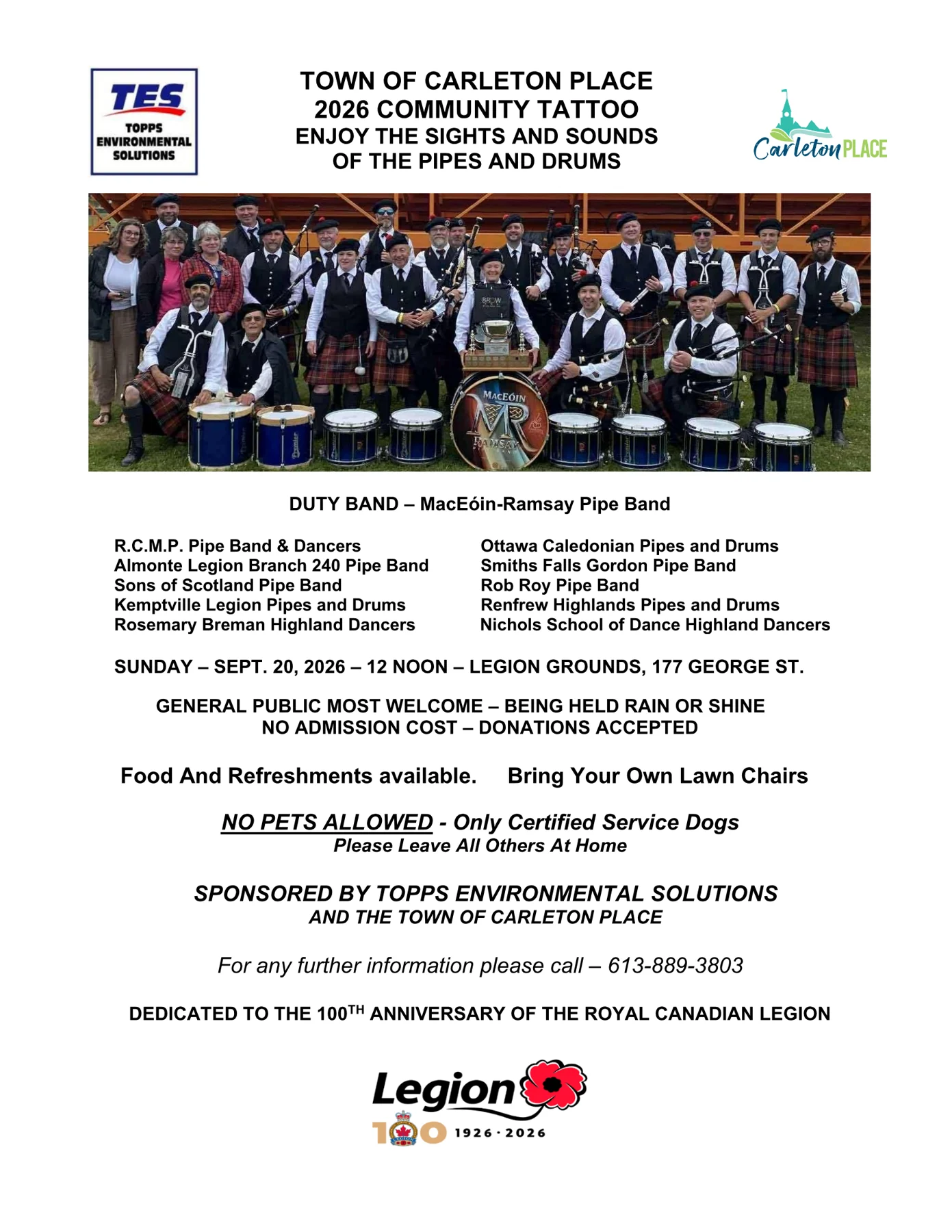 Poster for the Town of Carleton Place 2026 Community Tattoo on the Legion grounds, 20 September at noon — pipe bands and highland dancers, no admission cost, dedicated to the Legion's 100th anniversary.