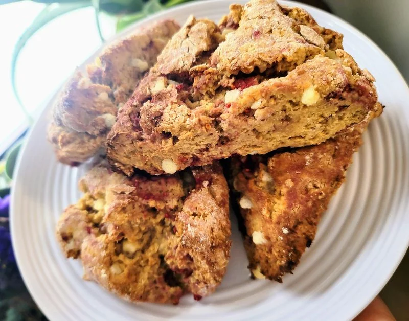 Raspberry white chocolate scones — vegan and gluten-free, sold in a 4 pack