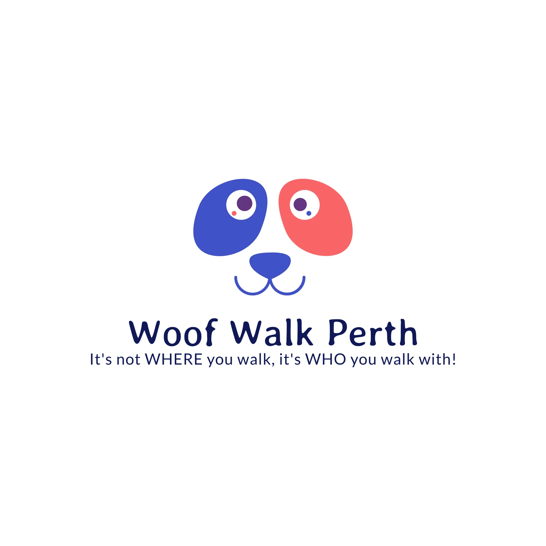 Woof Walk Perth logo — two dog faces in blue and red above the line "It's not WHERE you walk, it's WHO you walk with!"