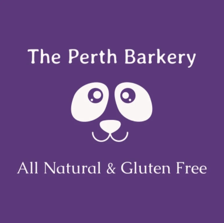 The Perth Barkery logo — a white dog face on purple with the line "All Natural & Gluten Free".