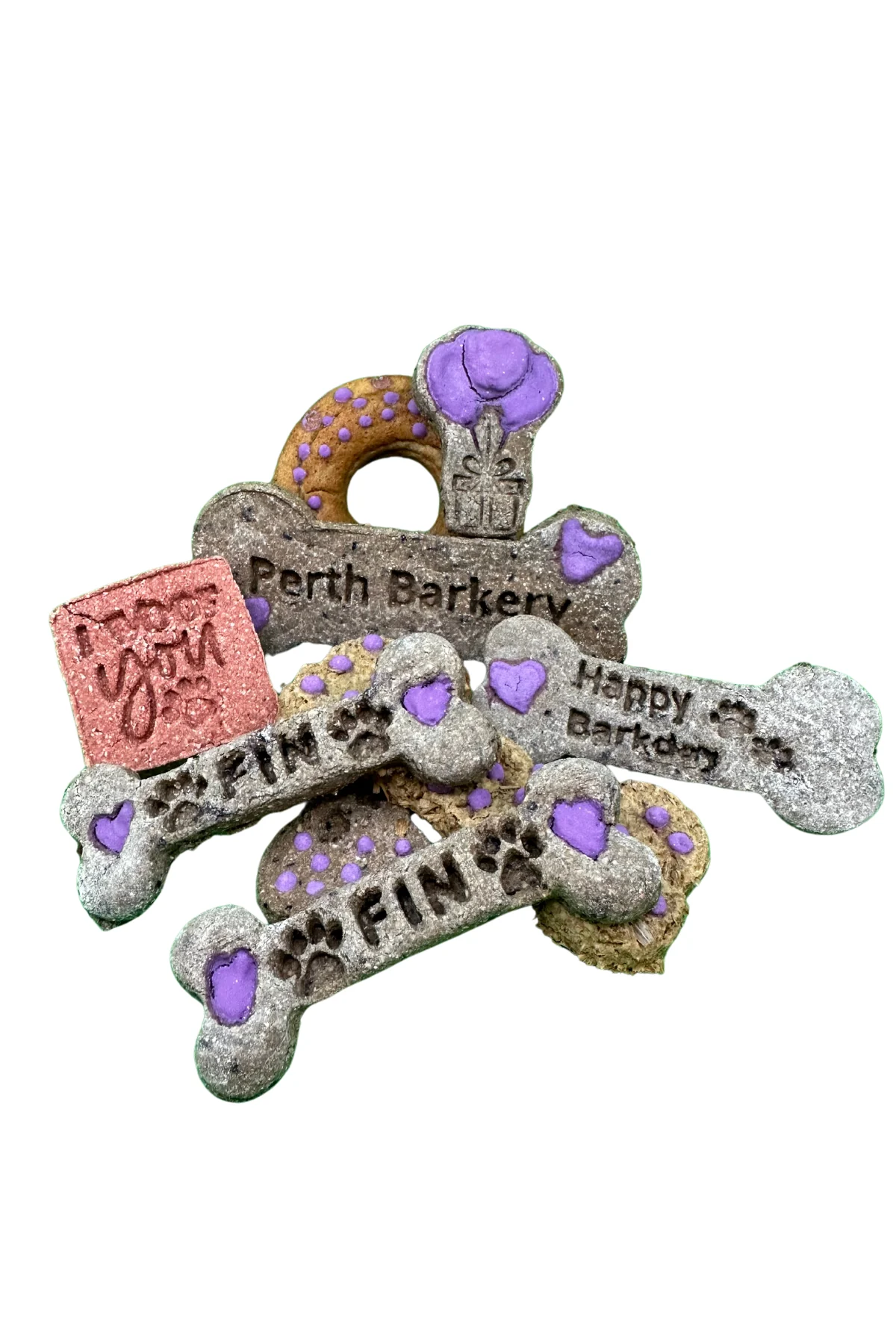 Decorated bone-shaped biscuits iced with "Perth Barkery", "Happy Barkday", "LOVE YOU" and the name "FIN".